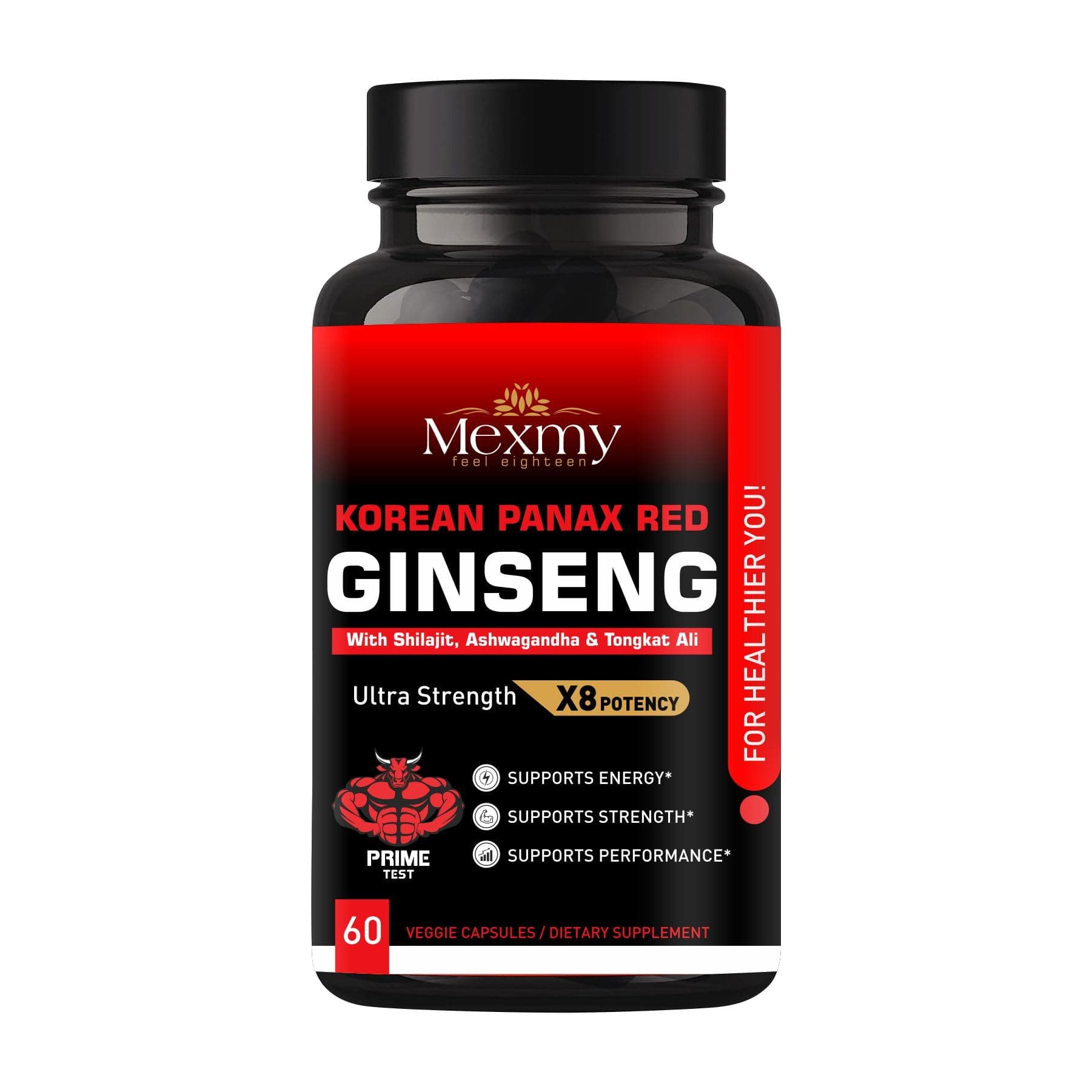 Mexmy Red Panax Ginseng Capsules | With Shilajit, Ashwagandha & Tongkat Ali | Extra Strength Ginsenosides for Energy, Focus, Performance, Vitality & Immune Support