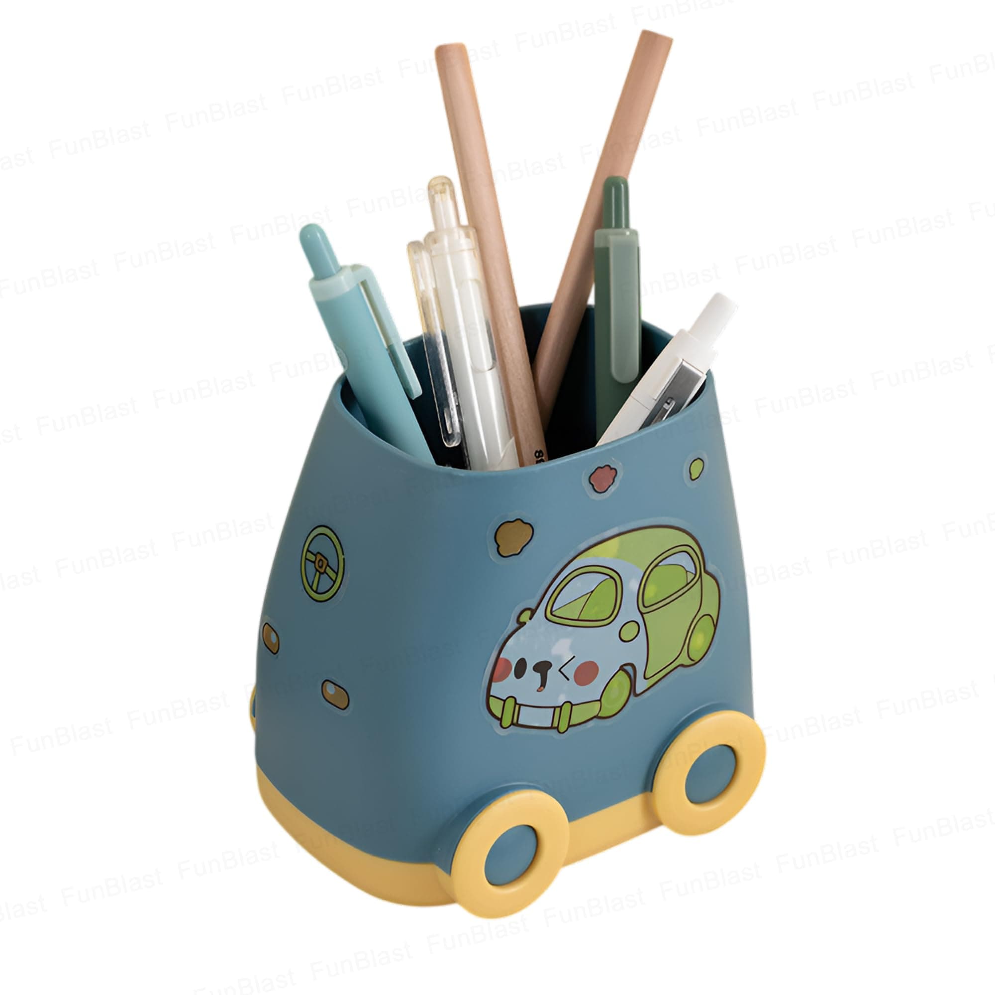FunBlast Plastic Pen Stand for Study Table, Car Stationary Organizer with Kawaii Stickers, Pen Stand for Kids & Girls, Desk Organizer, Birthday Return Gifts for Kids (Blue)