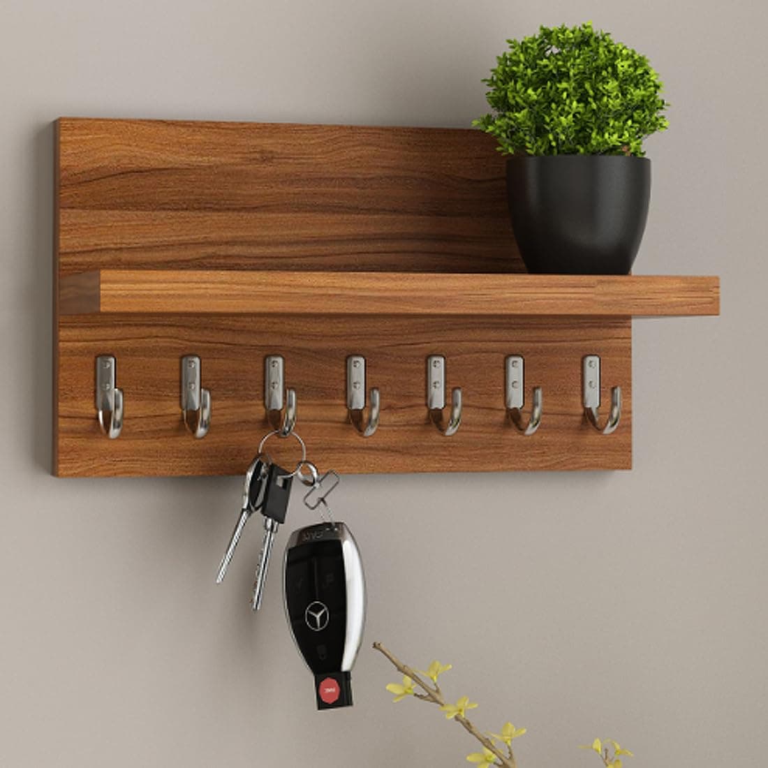 GFH Sheesham Wood Key Stand for Wall | Wooden Key Holder for Home | Key Hanger | Home Decorative Keychain Holder with 7 Hooks | Natural Finish