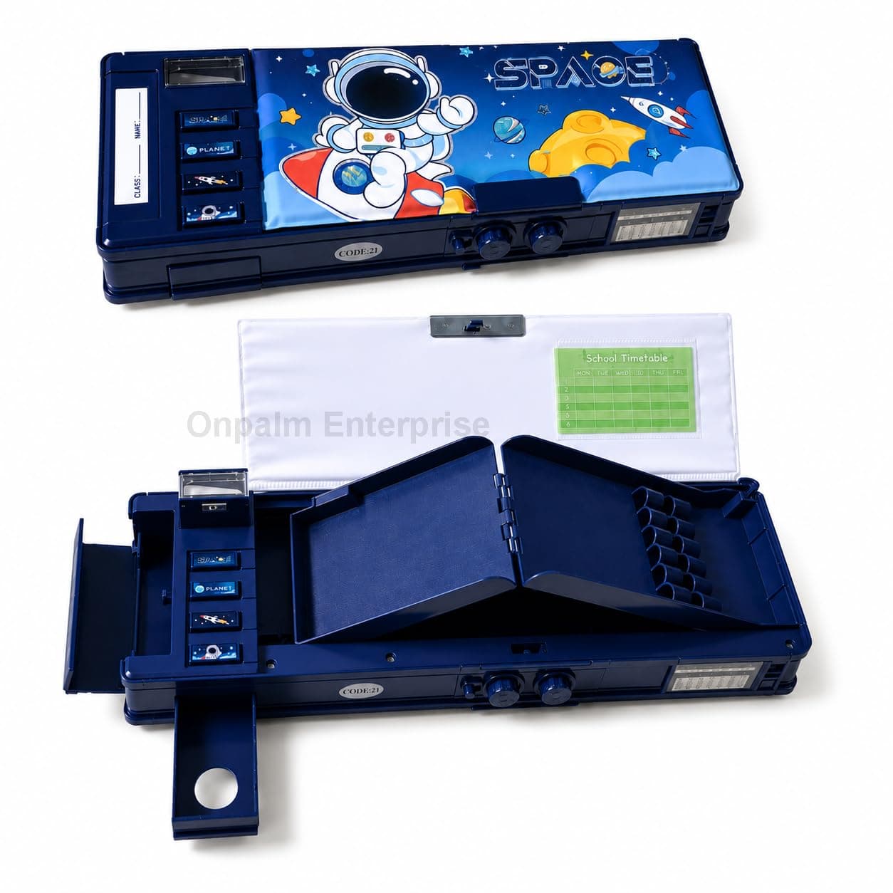Onpalm Enterprise Astronaut Laser Space Pencil Box with 2-Digit Password Lock for Boys; Multi-Functional Jumbo Compass Box with Pop-up Sharpener, Dual Side Compartments & Built-in Calendar