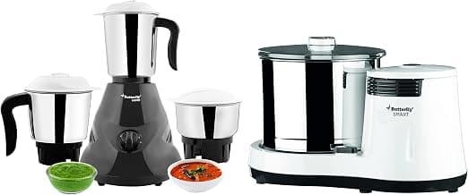 Butterfly Stainless Steel 150W Table Top Wet Grinder with Coconut Scrapper Attachment and Mixer Grinder with 3 Jars (White)