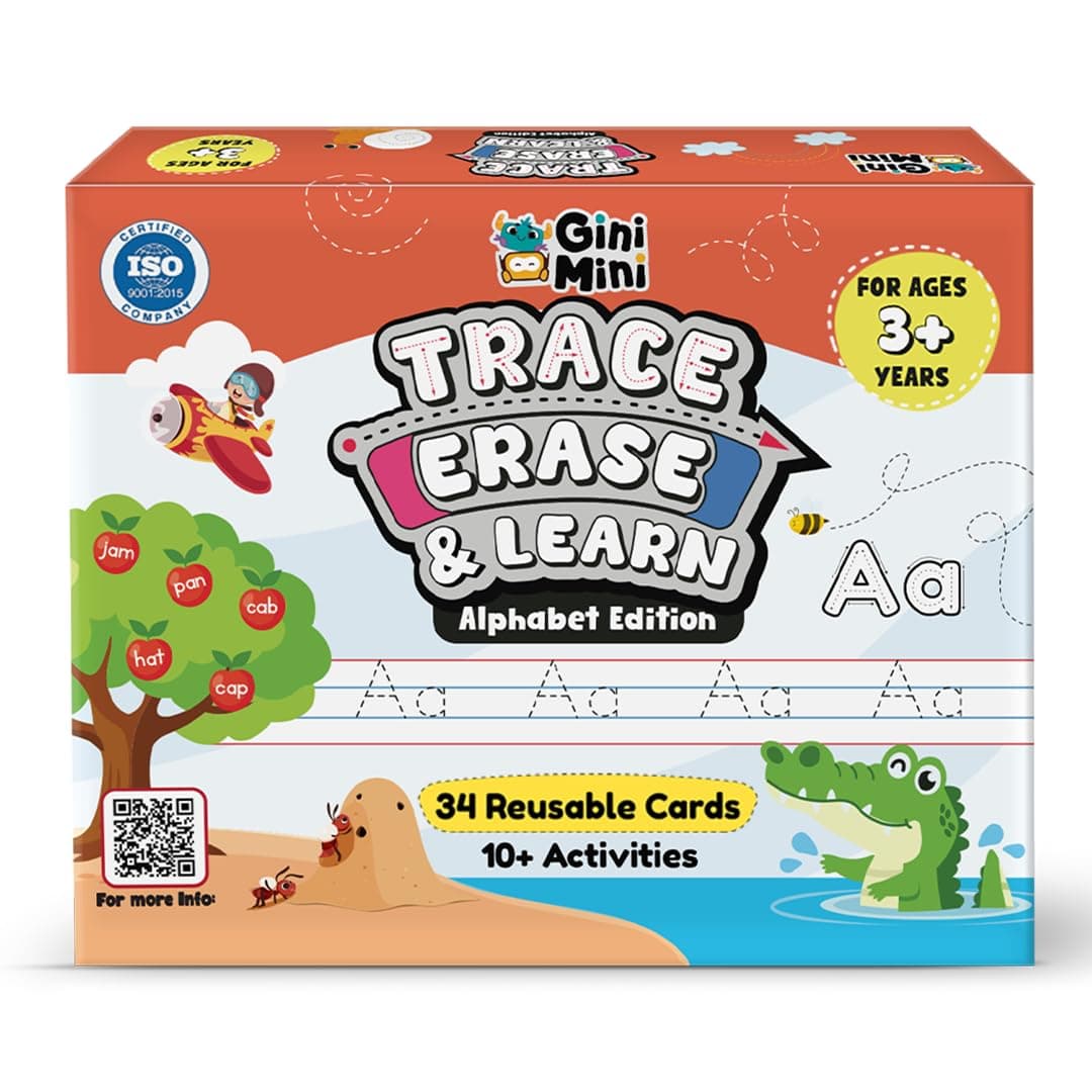 GiniMini Trace Erase & Learn – 68 Pre-Writing Activity Cards for Kids 3–6 | Tracing, Counting, Play-Doh | Rewritable, Travel-Friendly, Fine Motor Skill Toy & Educational Gift Set