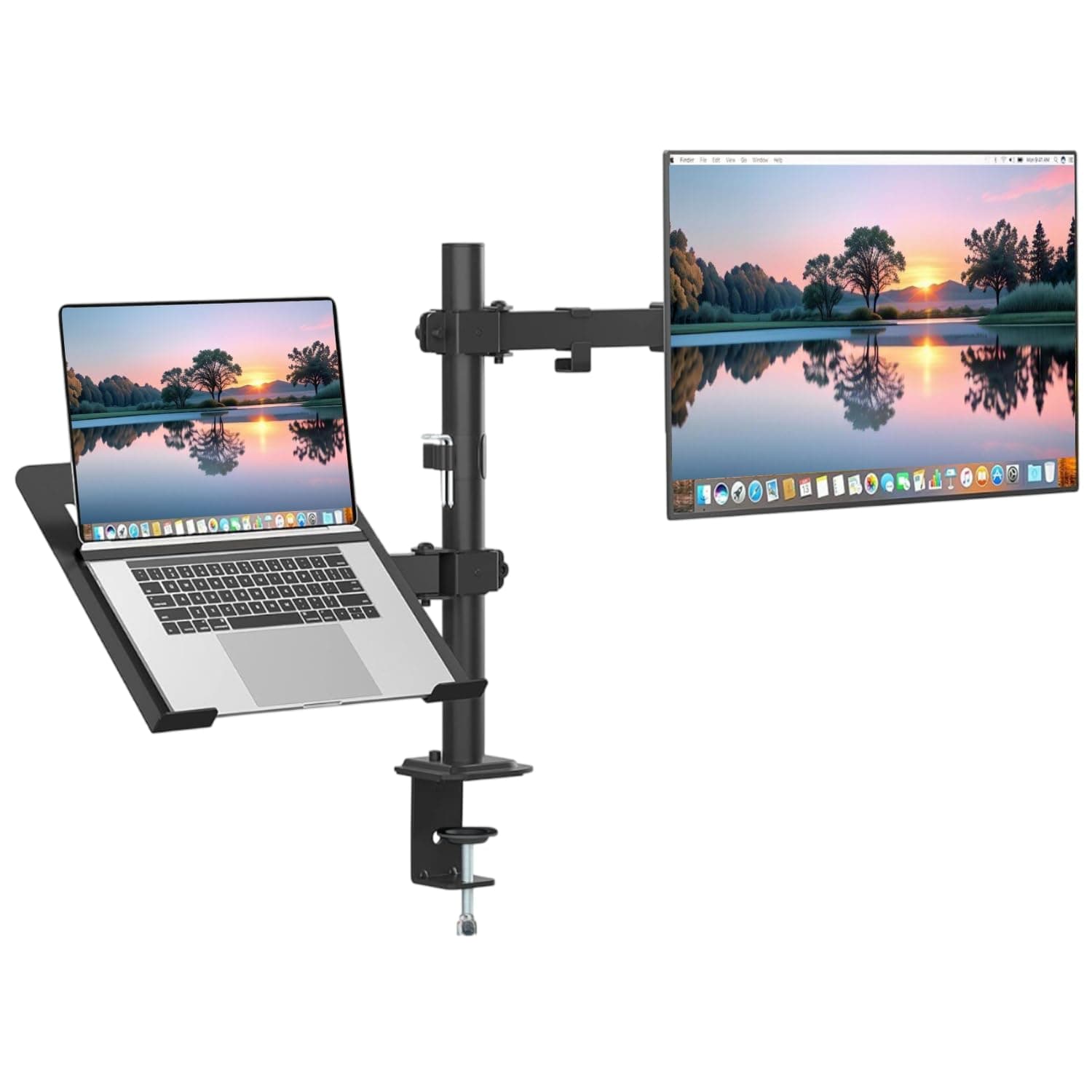 Dyazo Dual Monitor Desk Mount with Laptop Tray | Fits 13–32" Monitors & 10–15.6” Laptops | Fully Adjustable Arms with Height Adjustment & 360° Rotation | Dual Mount with C-Clamp/Grommet Base (Black)