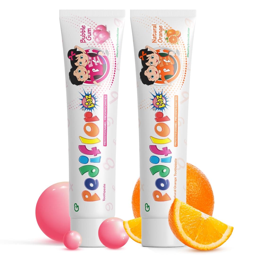 PEDIFLOR Kidz Anti-Cavity Toothpaste, Combo Pack of 2 (70g) | Doctor Recommended | Bubblegum & Orange Flavours | Contains Fluoride & Xylitol for Children | Vegan