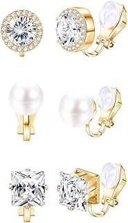 SANNIDHI 3 Pairs Earrings Set for Women Gold Cubic Zirconia Ear Cuff Hypoallergenic Comfortable Rhinestone Clip on Earrings for Non Pierced Ears