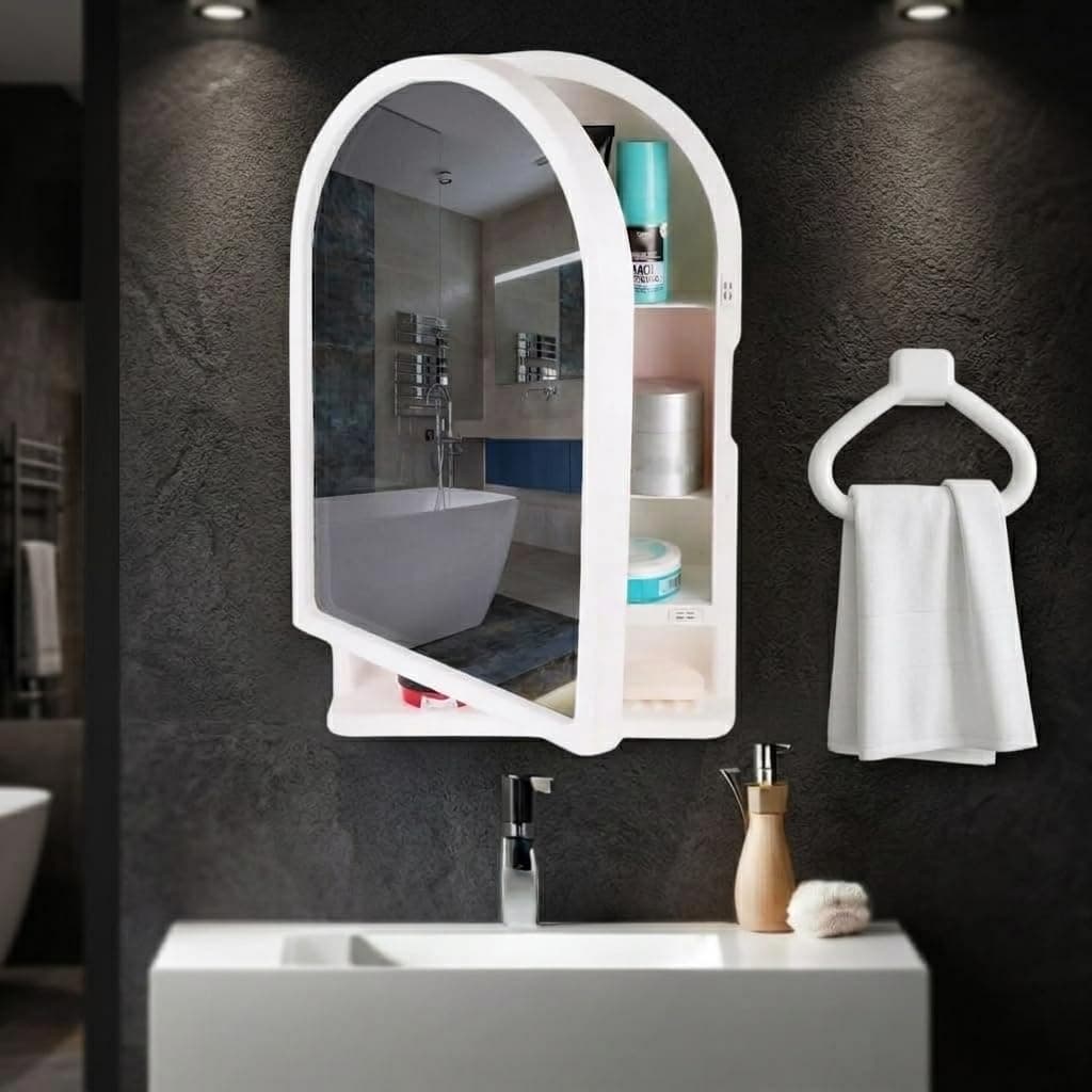 BRANCO Plastic Ideal Mirror Cabinet | Multipurpose Cabinet | Wall Mounted Hanging Mirror Bathroom Accessories | Mirror Cabinet for Living Room, Bathroom, Bedroom | with Towel Ring | White