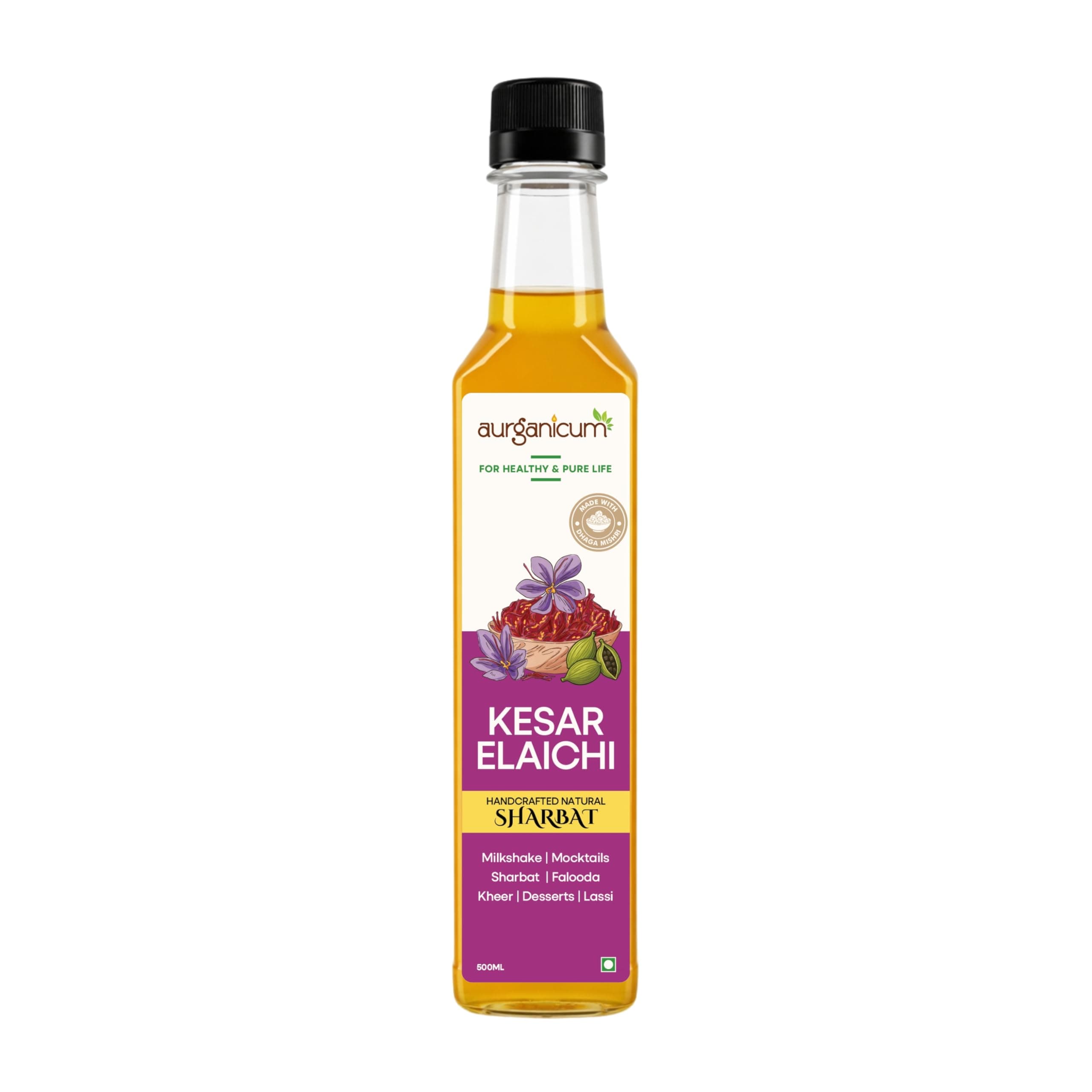 Kesar Sharbat with Dhaga Mishri (No Refined Sugar) | Kesar Elaichi Sharbat Syrup for Milk, Phirni, Thandai & Mocktails | Natural Saffron Flavour | Kids Friendly | 500 ml PET Bottle
