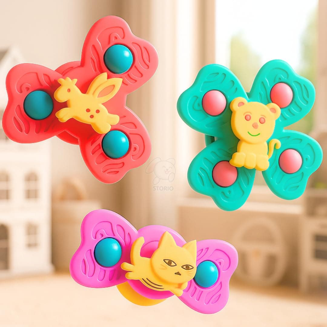 Storio Baby Spinner Toy Set of 3 | Bath Toys & Water Toys for Kids | Suction Cup Fidget Spinner for Toddlers & Infants | Sensory Spinning Toy Sticks to Car Window | Travel Toy & Gift for Babies