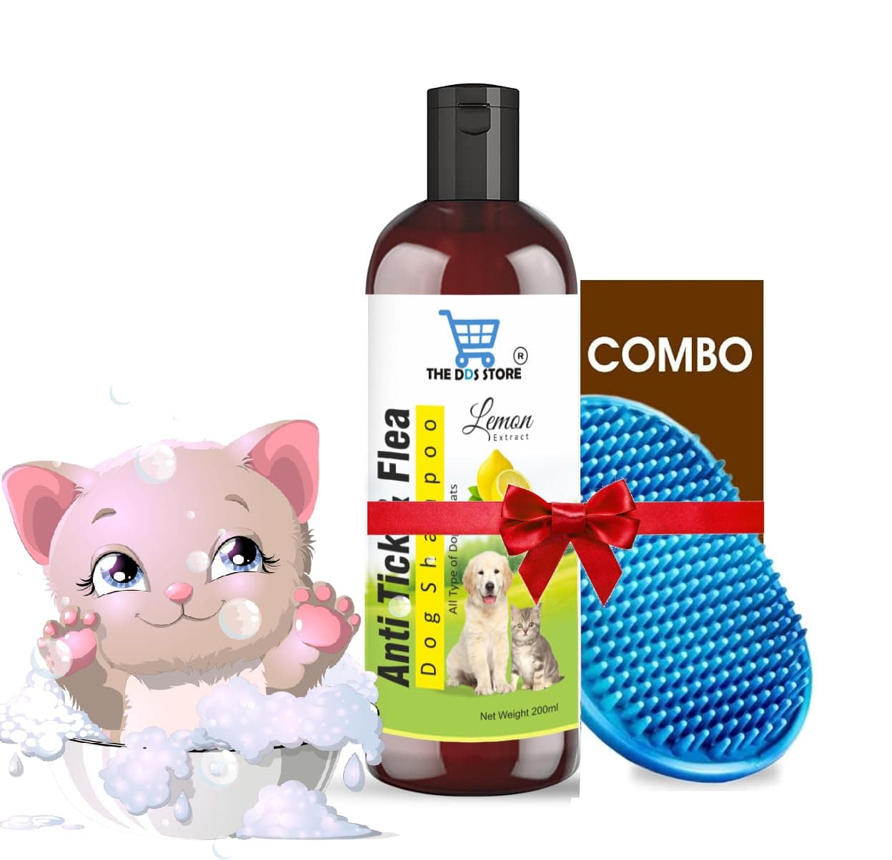 The DDS Store 2 Pack Best Grooming Offer for Dogs, Puppies & Pets - + 200 ml Cat Dog Shampoo & Puppy Shampoo (Anti Tick & Flea (Lemon) Bath Brush)