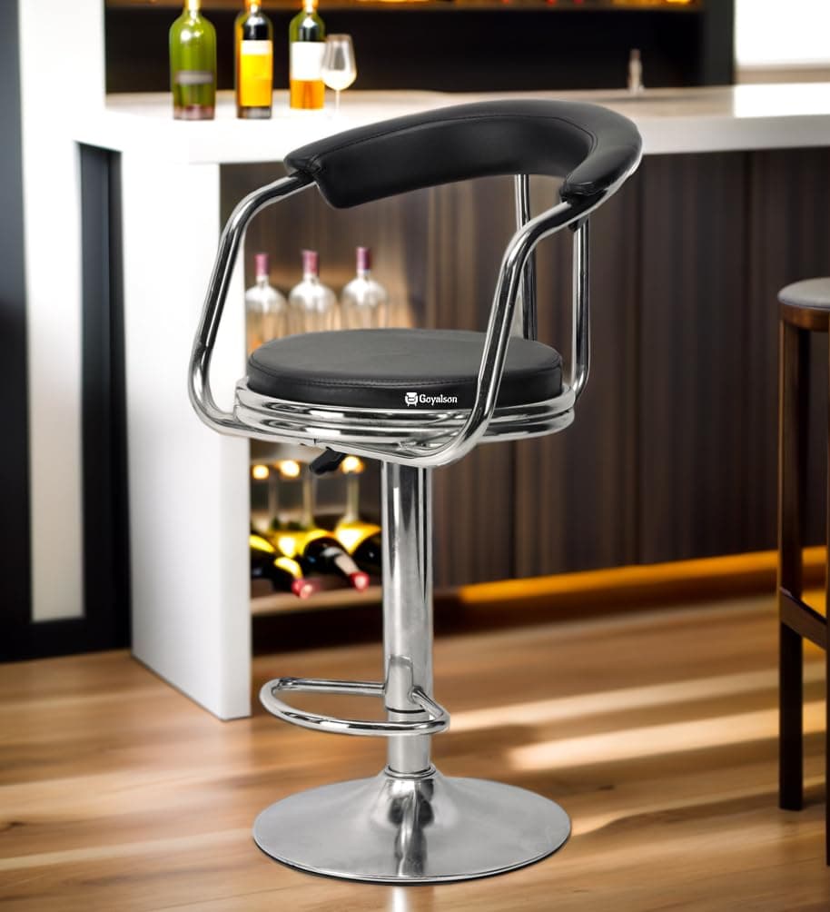 GOYALSON Steel Classic Height Adjustable and Revolving Bar Stool Kitchen Chair, Sturdy Chrome Base, Anti-Scratch Ring, Leatherette Seat (1, Black)