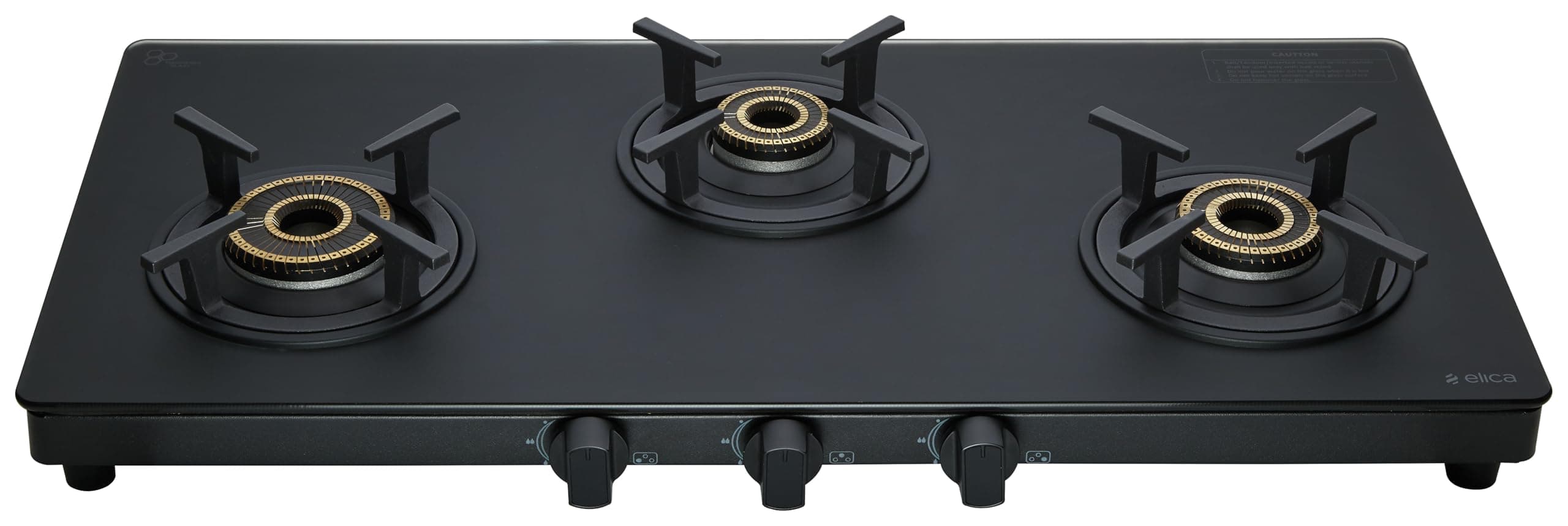 Elica 77cm 3 Burner Gas Stove | High Efficiency Vertical Direct Flame | Matt Finish Toughened Glass | 5 Yr Glass Warranty | MATT ONYX 773 CT VETRO BK