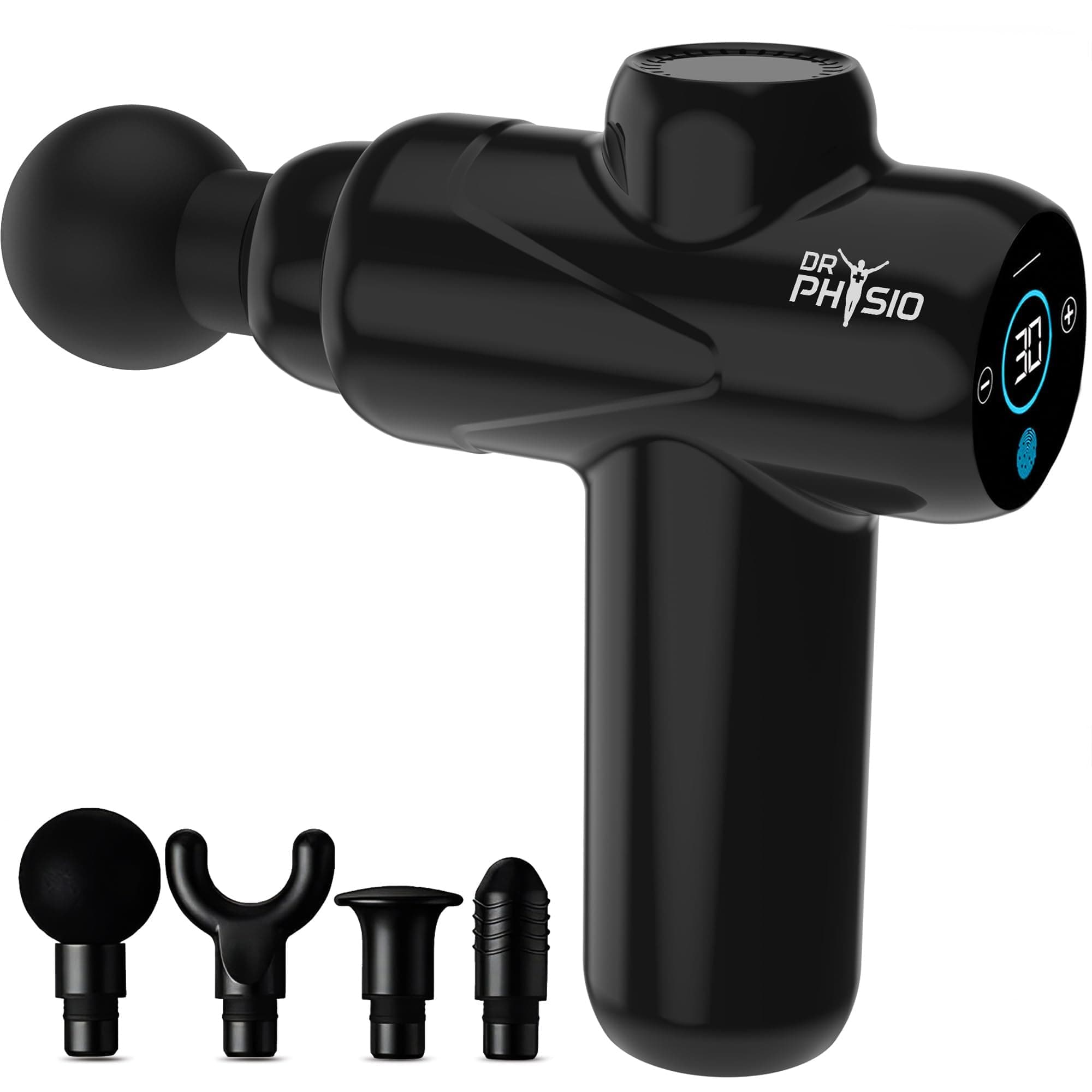 Dr Physio USA Touch Dynamo Rechargeable Percussion Massage Gun | 3000mAh Battery | 30 Speed Levels | 4 Removable Heads Electric Full Body Gun Massager, Pain Relief Cordless Deep Tissue Massage Machine