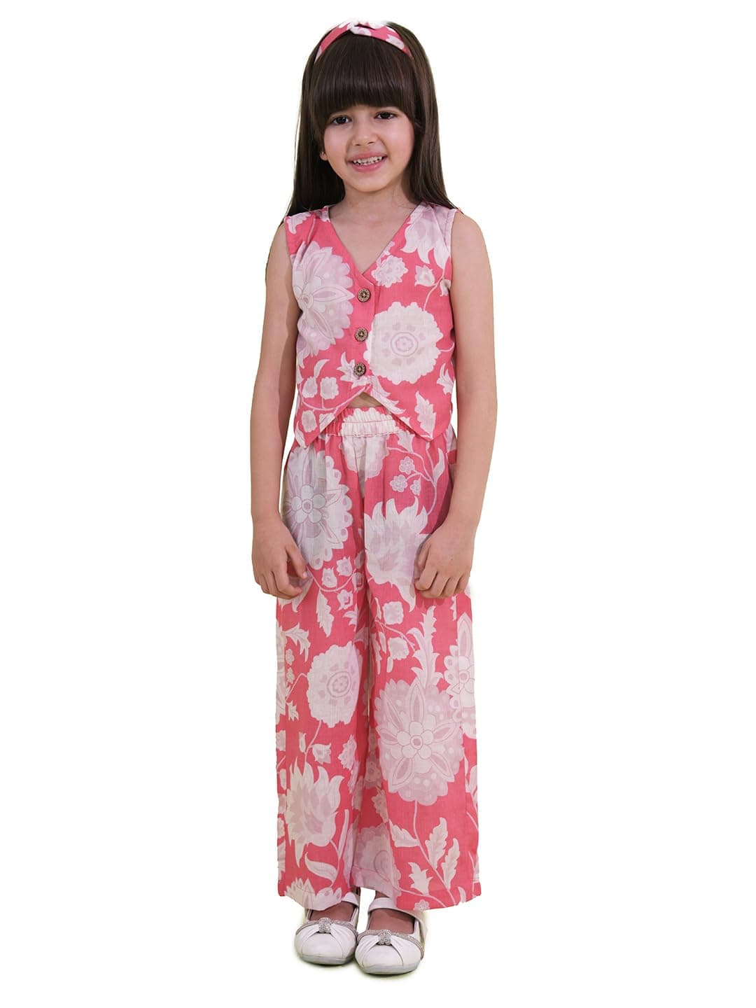 AJ DEZINES Kids Cotton Sleeveless Co-ords Set for Girls - Casual Outfit | Vacation Wear | Beach Dress |Floral Printed Top and Bottom Set With Hairband for girls