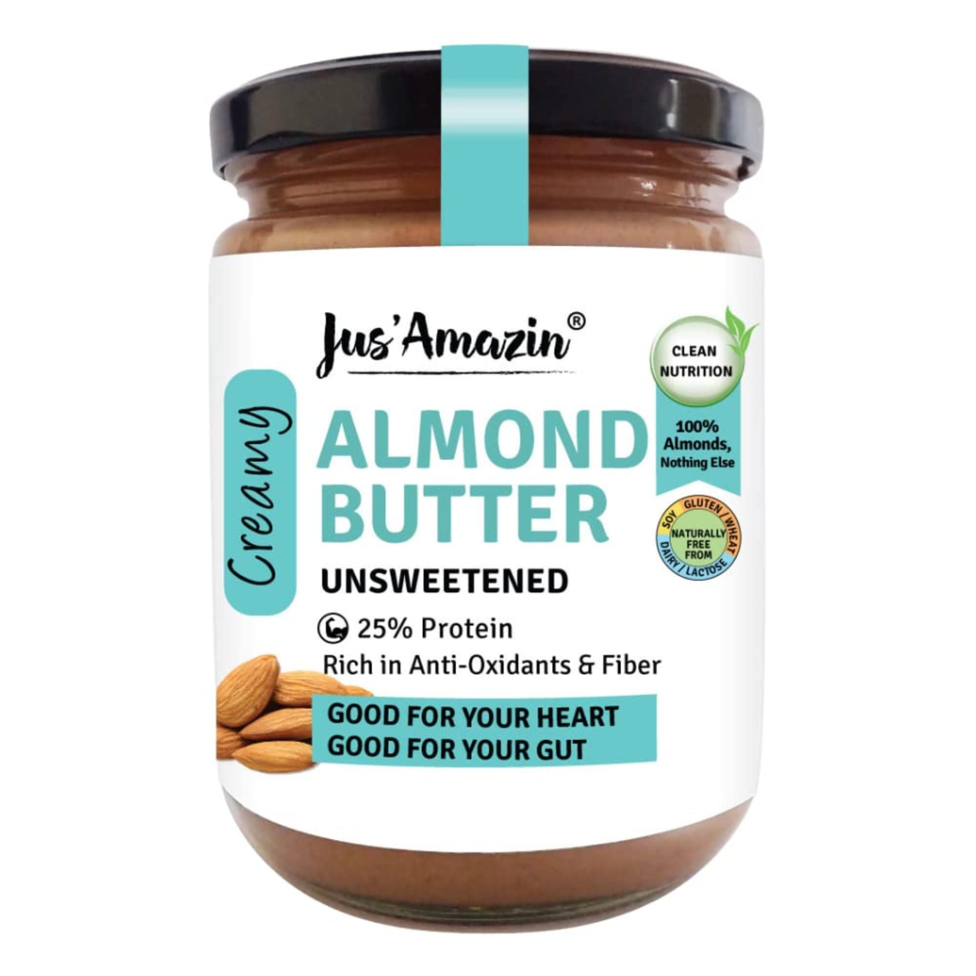 Jus' AMAZIN Creamy Almond Butter - Unsweetened (500g) | 25% Protein | Plant-Based Nutrition | 100% Almonds | Zero Additives | Dairy Free | 100% Natural
