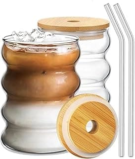 Glass Mug with Bamboo Lid and Straw, 510ml, for Cold Drinks, Smoothies, Coffee(Pack of 1) (Coffee Glass Tumbler with Bamboo Lid and Straw)