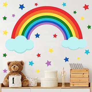 Rangoli Colorful Rainbow & Stars Wall Sticker for Kids Room – Removable Vinyl Wall Decal with Clouds – DIY Decoration for Nursery, Bedroom & Playroom – Size 60.96 x 91.44 cm