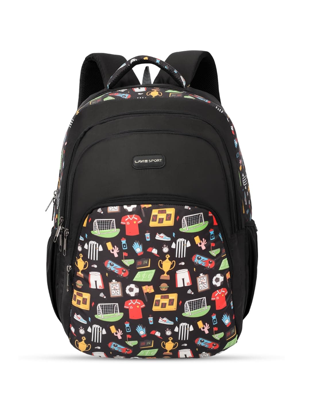 Lavie Sport Sporty 39L Printed School Unisex Backpack with Rain cover for Boys/Girls (Black)