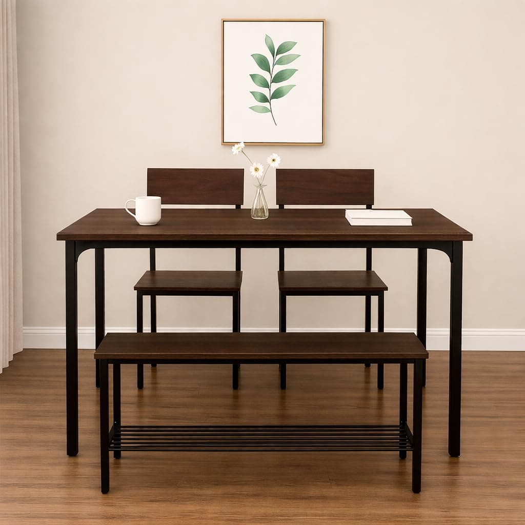 FORECRAFTS Dining Table Set of 4 with Bench & Chairs, 4 Seater Table, Engineered Wood Top & Metal Frame, Space Saving Compact Furniture for Home & Kitchen (Dark Maple- DIY)