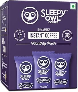 Sleepy Owl Original Freeze Dried Coffee Sachets | 60g - Pack of 30 x 2g Instant Coffee Powder Sachets | 100% Arabica Beans | Aromatic Coffee Pouch | Rich & Smooth | Easy to Use & Carry