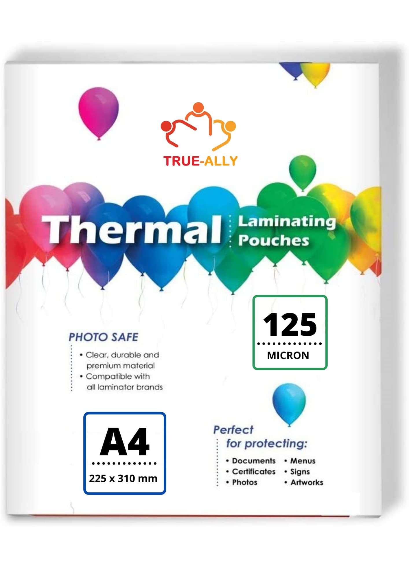 True-Ally (A4 Size - 125 Micron) Lamination Pouch Clear Glossy Thermal Transparent Waterproof 100 Sheets (Home & Office) (A4-125 Micron - 100 Pouch)