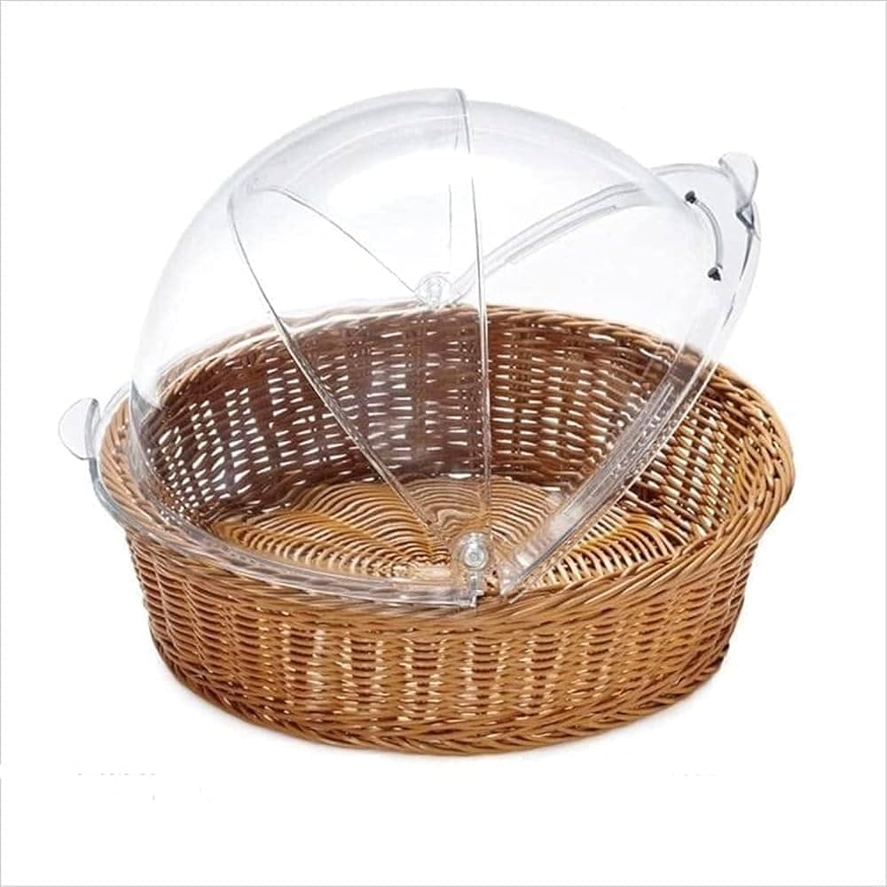 RAYCRAFT Round Bread Basket with Transparent Dome Lid, Woven Fruit Storage Basket, 15 Inch Diameter x 4 Inch Height, Natural Brown, Restaurant and Home Use