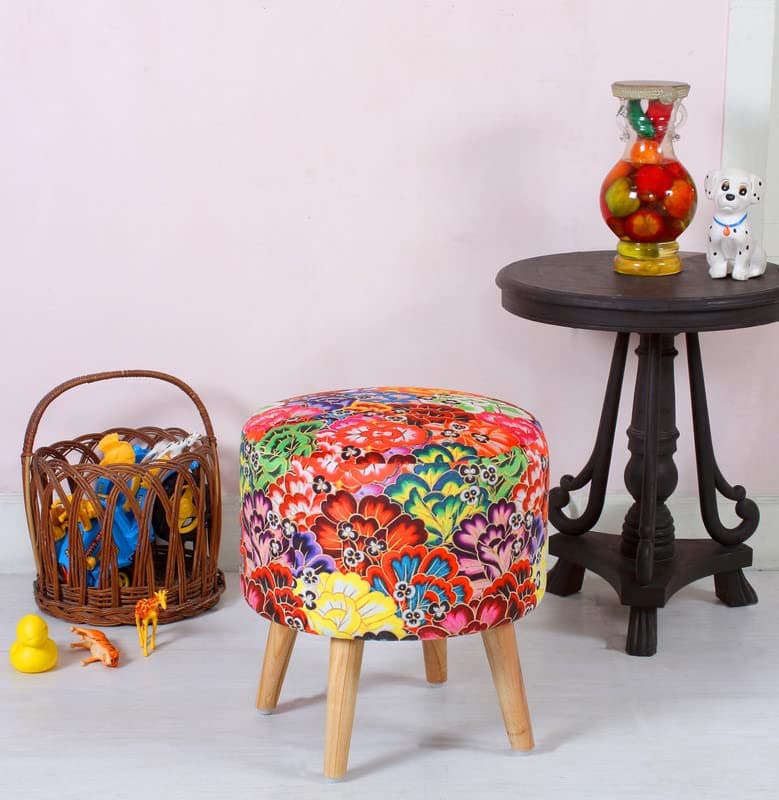 Shadowkart Pouffes Sitting Stool for Living Room, Mudda Puffy Wooden Ottoman Stools, Pouffe Footstool, Pouf for Office Home Decoration & Dressing Table, 16x16x18 Inch, Jaipuri