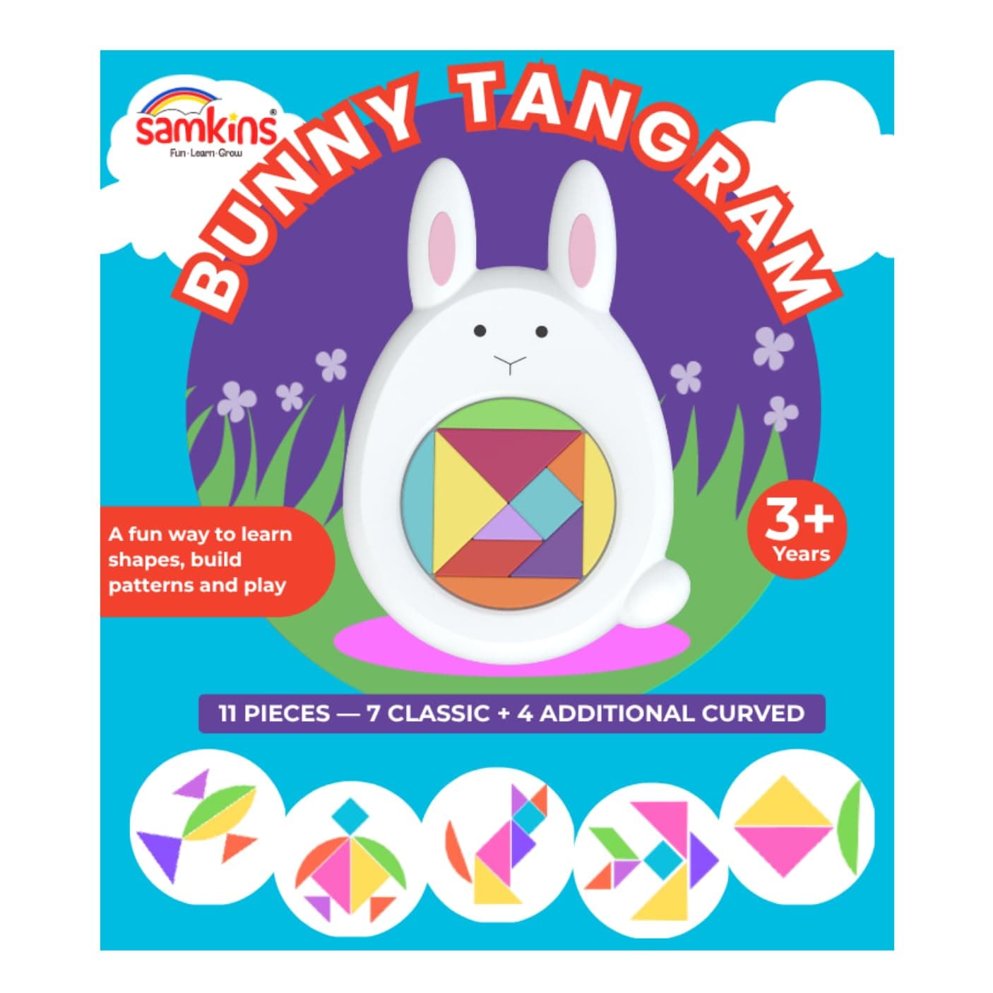 Samkins 11 Piece Tangram Puzzle for Kids Aged 3-10 Years - Educational STEM & Brain Teaser Toy | Montessori Shape Puzzle with 7 Classic + 4 Curved Pieces | Build 50+ Animals & Objects