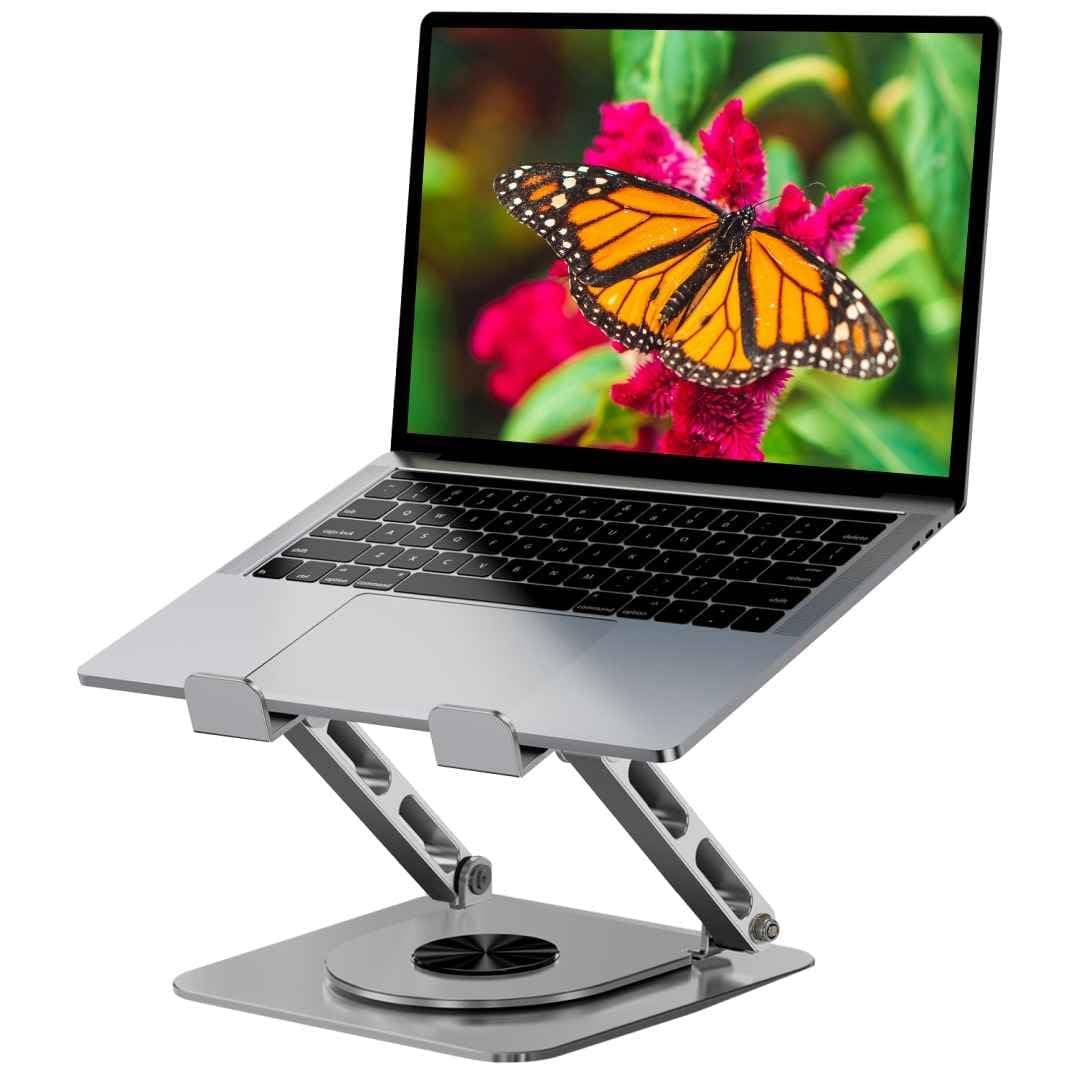 Dyazo 360° Rotating Laptop Stand | Height Adjustable Laptop Riser for Desk | Foldable Metal Notebook Holder with Swivel Base | Compatible for MacBook, HP, Dell, Lenovo & All 10-15.6 Inch Laptop (Grey)