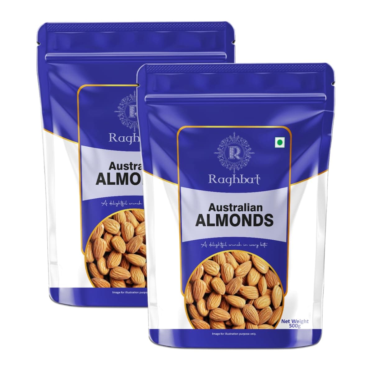 Raghbat Australian Almonds 1kg | Badam Giri | High in Fiber | Real Nuts | Whole Natural Badam | Rich in Protein | Magnesium | Phosphorus | Dry Fruits | Gluten Free & Zero Cholesterol | Combo Pack of 2-500g Each