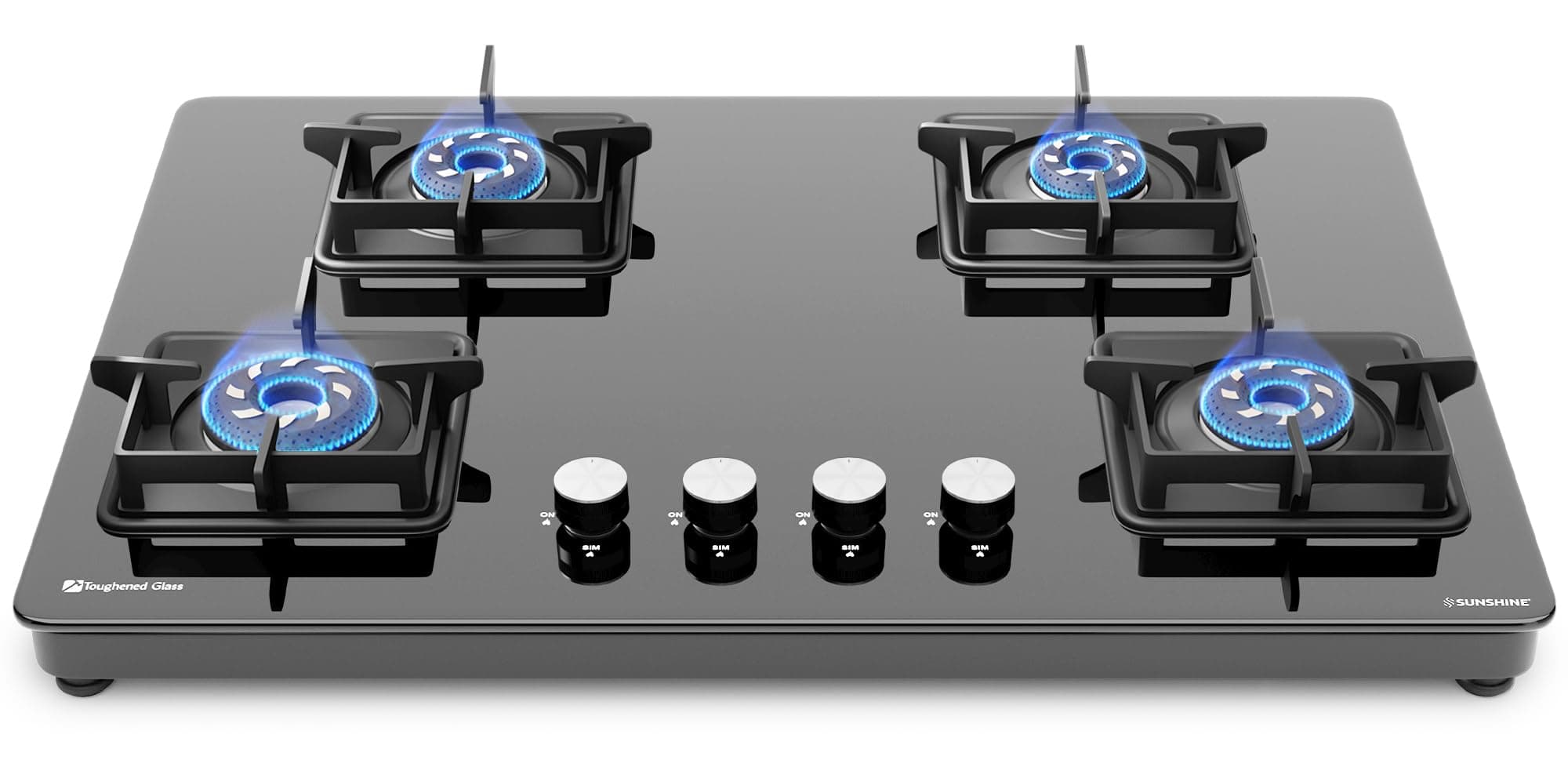 Sunshine Magnite Gas Stove | 4 Burner Glass Hob Top Cooktop | Warranty By Sunshine - 10 Year On Glass | ISI Certified | Manual Ignition, SABAF, LPG Ready & PNG Compatible (Premium - Black)