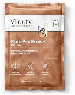 Miduty ProGrow+ Kids Chocolate Shake with Whey, MCT & Colostrum - Supports Growth, Energy, Brain & Immunity - With Active Vitamins, Minerals & Herbal Extracts - Chocolate, 30g