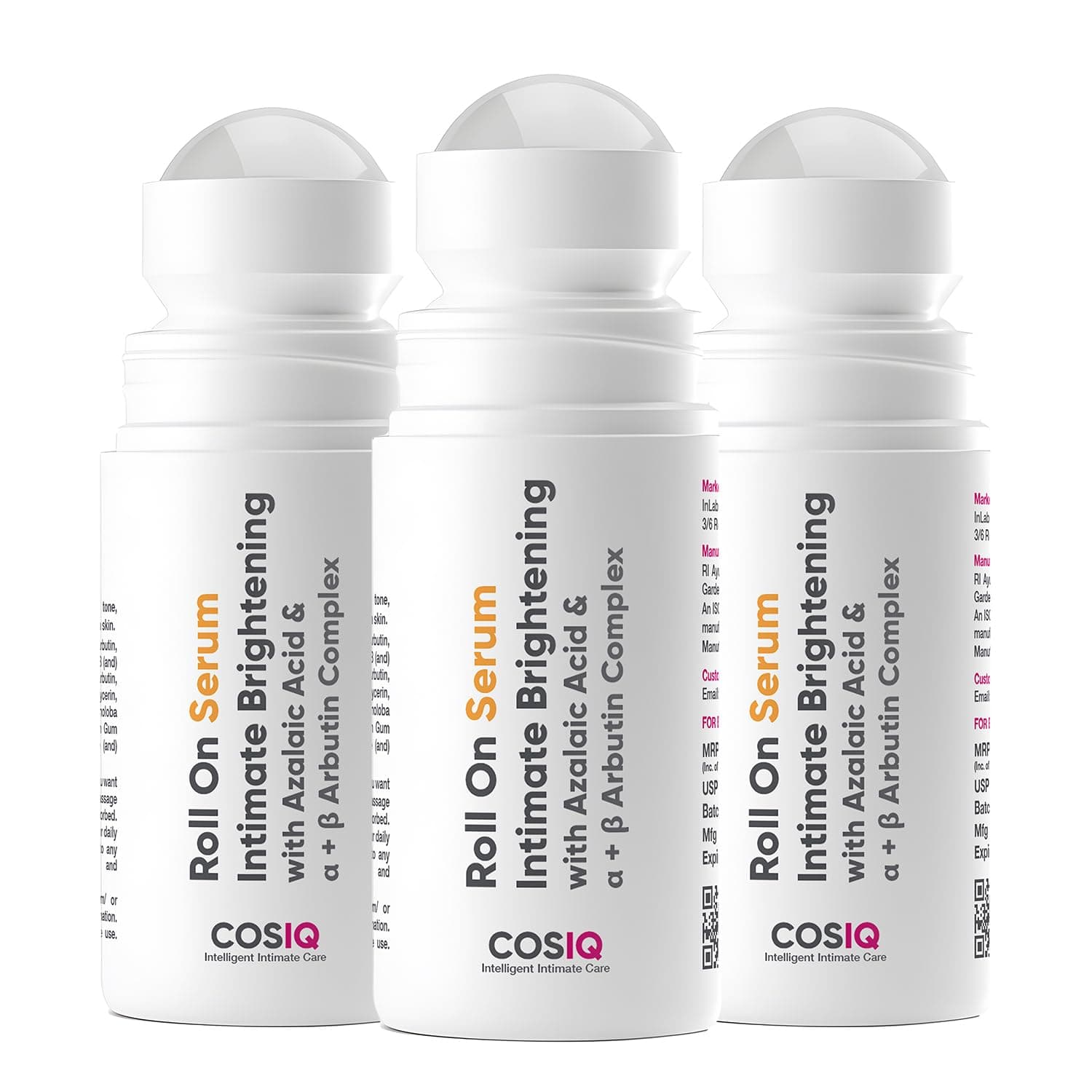 Cos-IQ Intimate Brightening Roll-On Serum, 40ml Pack of 3 | With Alpha Arbutin, Reduces Dark Spots, Fragrance-Free, Dermatologically Tested
