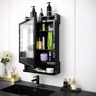 HOUZA Premium Look Plastic Wall Mounted Bathroom Mirror Cabinet with Storage | Waterproof Storage Organizer with Shelves | Bathroom Accessories (Black)
