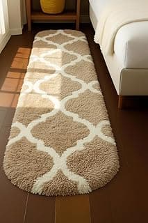 Vasrug Luxury Soft Shaggy Bedside Ovel Rug – Geometric Design | Plush High-Pile Bedroom Carpet, Pack of 1 Pic, 1.5x4 Feet, (Beige and Ivory m II)