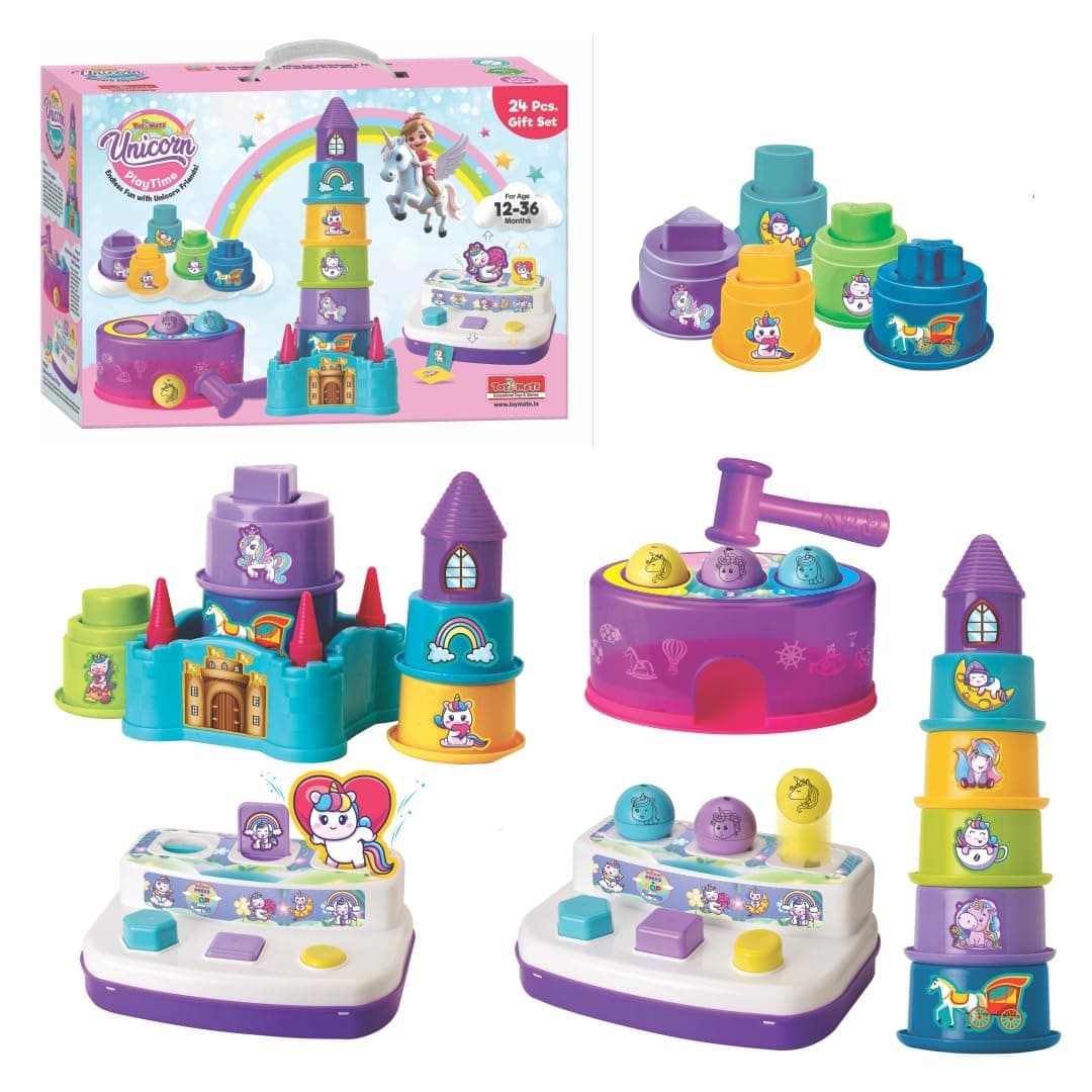 toymate Unicorn Playtime 24-Piece Gift Set – Educational Toddler Toys for 12-36 Months, Stacking Tower, Shape Sorter & Pound-a-Ball Hammer Toy, Unicorn Theme Learning Playset for Kids