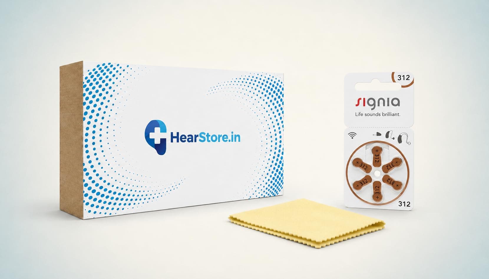HearStore Care Kit- Signia Hearing Aid Batteries+ Durable Storage Box+ Cleaning Wipe (Size 312, 12)