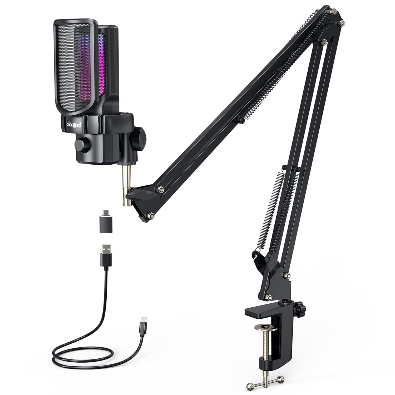 Akkord USB Microphone with Boom Arm – 192kHz/24Bit Cardioid Condenser Mic for Podcasting, Streaming, Gaming, Voice Recording – Plug & Play, Shock Mount, Pop Filter for PC/Mac