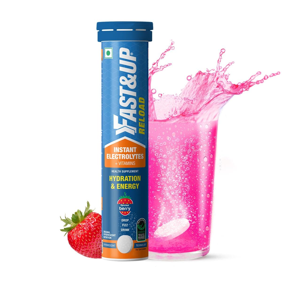 Fast&Up Reload (5 Litres) Low Sugar energy drink for Instant Hydration - 20 Effervescent Tablets with all 5 Essential Electrolytes + Added Vitamins - Certified Electrolytes Drink - Berry flavour