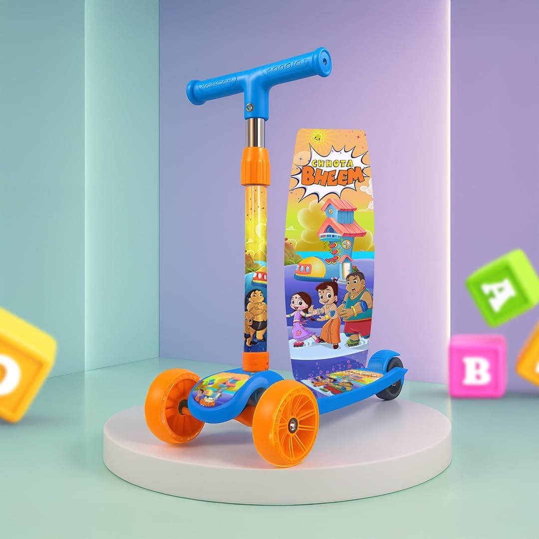 Kidsmate Chhota Bheem® Kick Scooter with Broad PVC Wheels | Non-Slip Wide Deck with Push Brake Kids Scooter for Age 3+ Yrs | 4-Level Height Adjustable | Max User Weight 50Kg - Blue