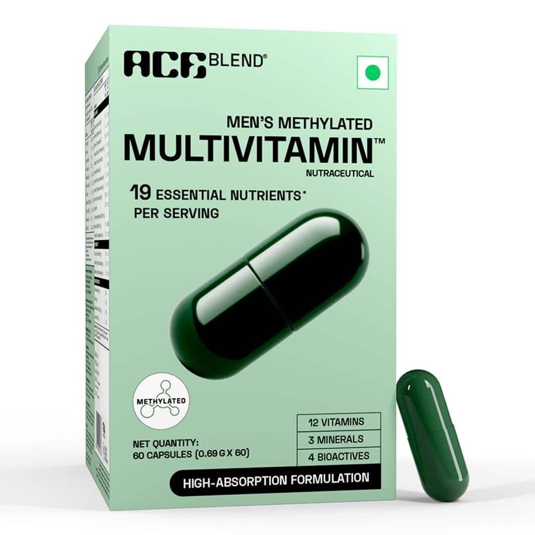 Ace Blend Multivitamin Capsules for Men | Pack of 60 | Methylated Multivitamin with 19 Essential Nutrients | Quatrefolic, MenaQ7 & Vitashine D3 | Supports Energy, Immunity, Focus & Heart Health
