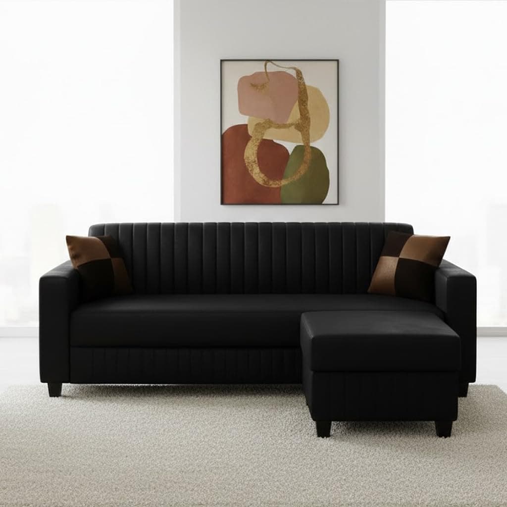 FURNY Gracina 4 Seater L Shape Sofa Set with Movable Ottoman | Flexible Left or Right Layout | Premium Leatherette Upholstery (Black) | Perfect for Living Room, Guest Room & Office