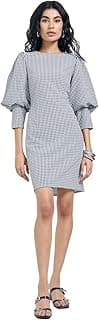 Honey by Pantaloons Women's Cotton Blend Checked Dress | Slim Fit | Round Neck | 3/4 Sleeve | Knee Length