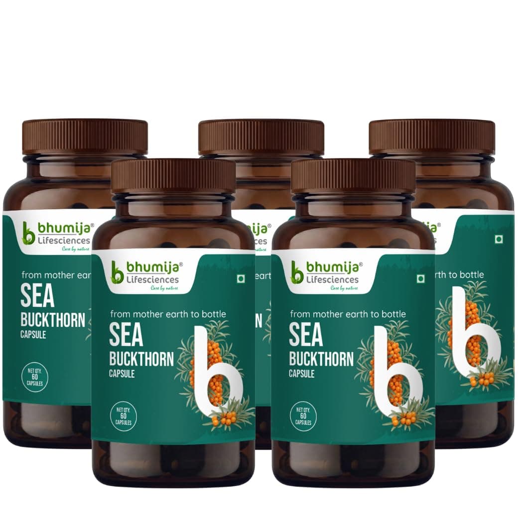 Bhumija Lifesciences Premium Sea Buckthorn Capsules | Sea Berry Extract 500 mg | Omega 3 6 7 9 Plant Based Supplement | Antioxidant Rich Sea Buckthorn for Skin Hair & Daily Wellness for men & womwn (Pack of 5)