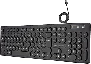 ZEBRONICS K24 Wired USB Keyboard, 104 Keys, Long Life 8 Million Keystrokes, Silent & Comfortable Use, Slim Design, Retractable Stand, 1.5 Meter Textured Cable, UV Coated keycaps