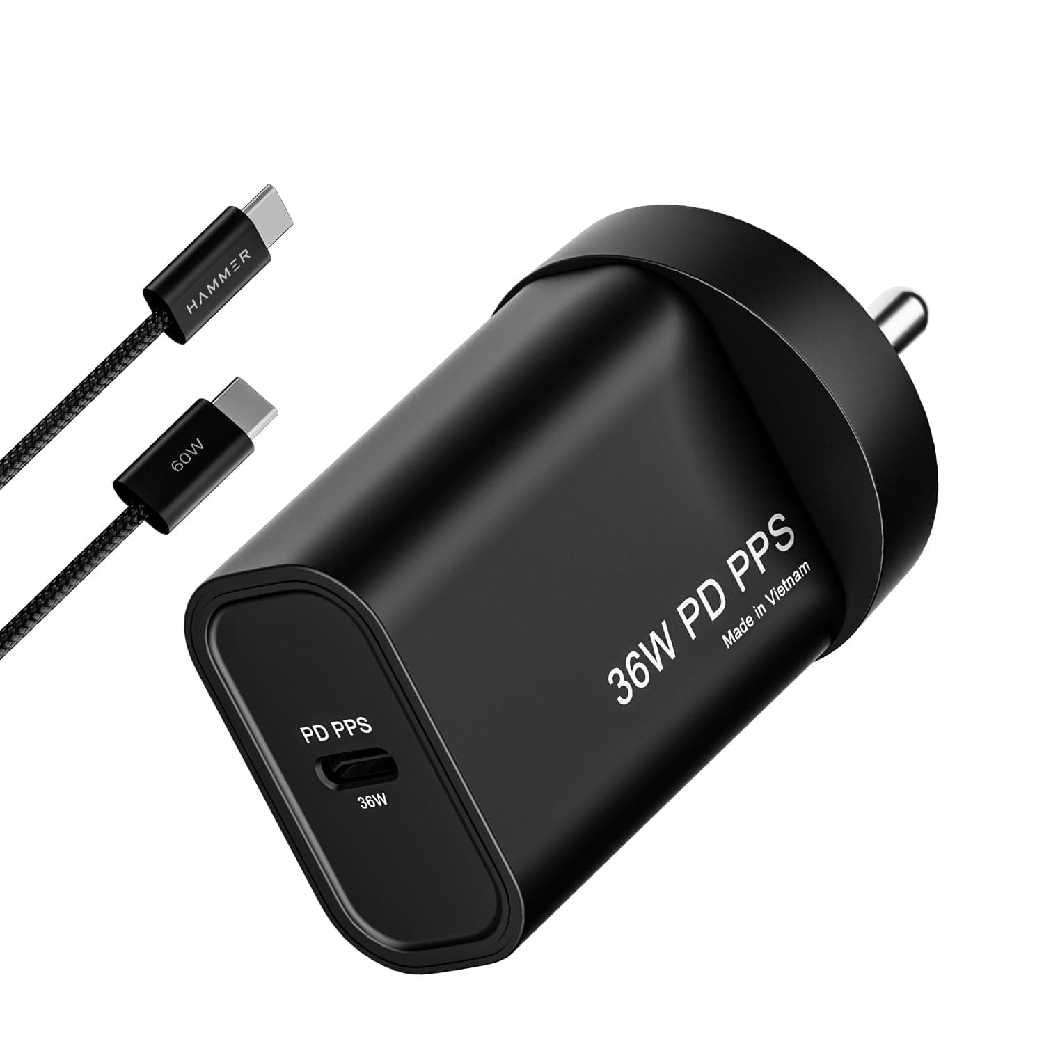 Hammer 36W GaN PD PPS Charger, Fast Type C Mobile Charger with C to C Cable, Compatible with iPhone 17 16 15 14 13 12 & Samsung Type C Phones, USB C Fast Charger Adapter (Black)