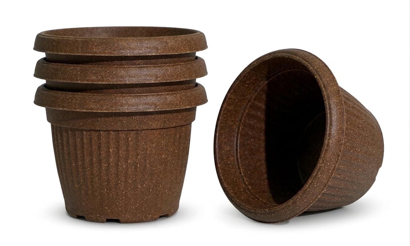 Harshdeep Plant Pot - Bello - Indoor Outdoor Home Balcony Garden Decorative Eco Friendly 10 inch Round Recyclable Planter Made of Bamboo and Rice Husk, Set of 4 (Brown)