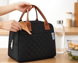 SaleOn SaleOn 7.5 LTR Thermal Insulated Lunch Bag for Women & Girls | Stylish Tiffin Bag | Big Size Food Carrier Tote for Office, College, School | Black Travel Lunch Box Pouch with Handle (Black)
