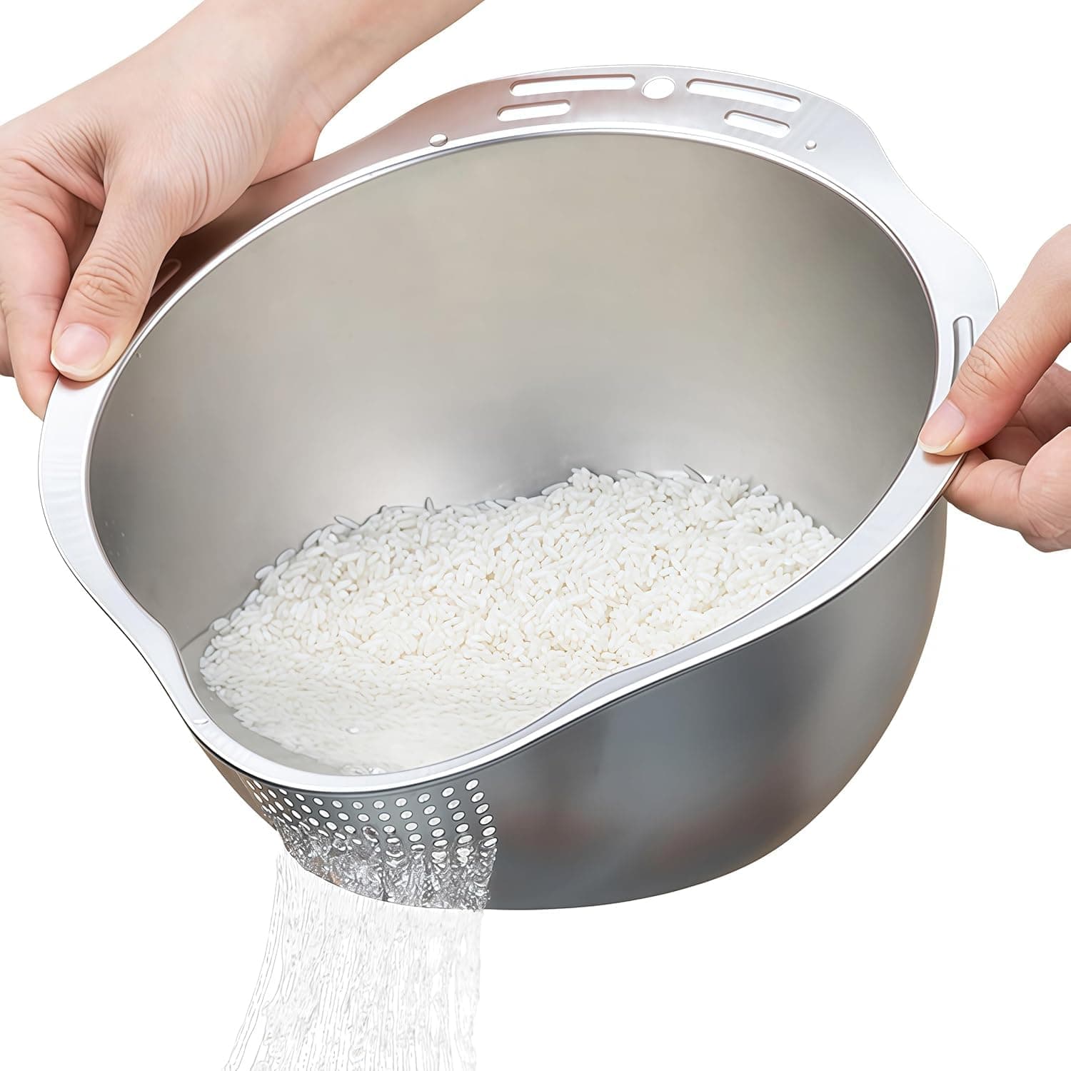 MAHOSTAV Rice Washer Strainer Bowl, 4-in-1 Quinoa Washer Bowl Stainless Steel Rice Rinser Strainer Sink Colanders with Side Drainers Rinsing Fruits,Vegetables & Beans -Versatile Kitchen Tool.