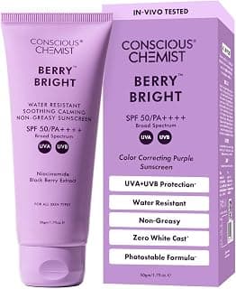 Conscious Chemist® Berry Bright Sunscreen SPF 50 PA++++ 50g | In-Vivo Tested Face Sunscreen | Lightweight Gel Formula | Niacinamide & Blackberry Extract | Hybrid Broad Spectrum UVA & UVB Protection | Non-Greasy, No White Cast | Water Resistant | For Oily, Combination & All Skin Types