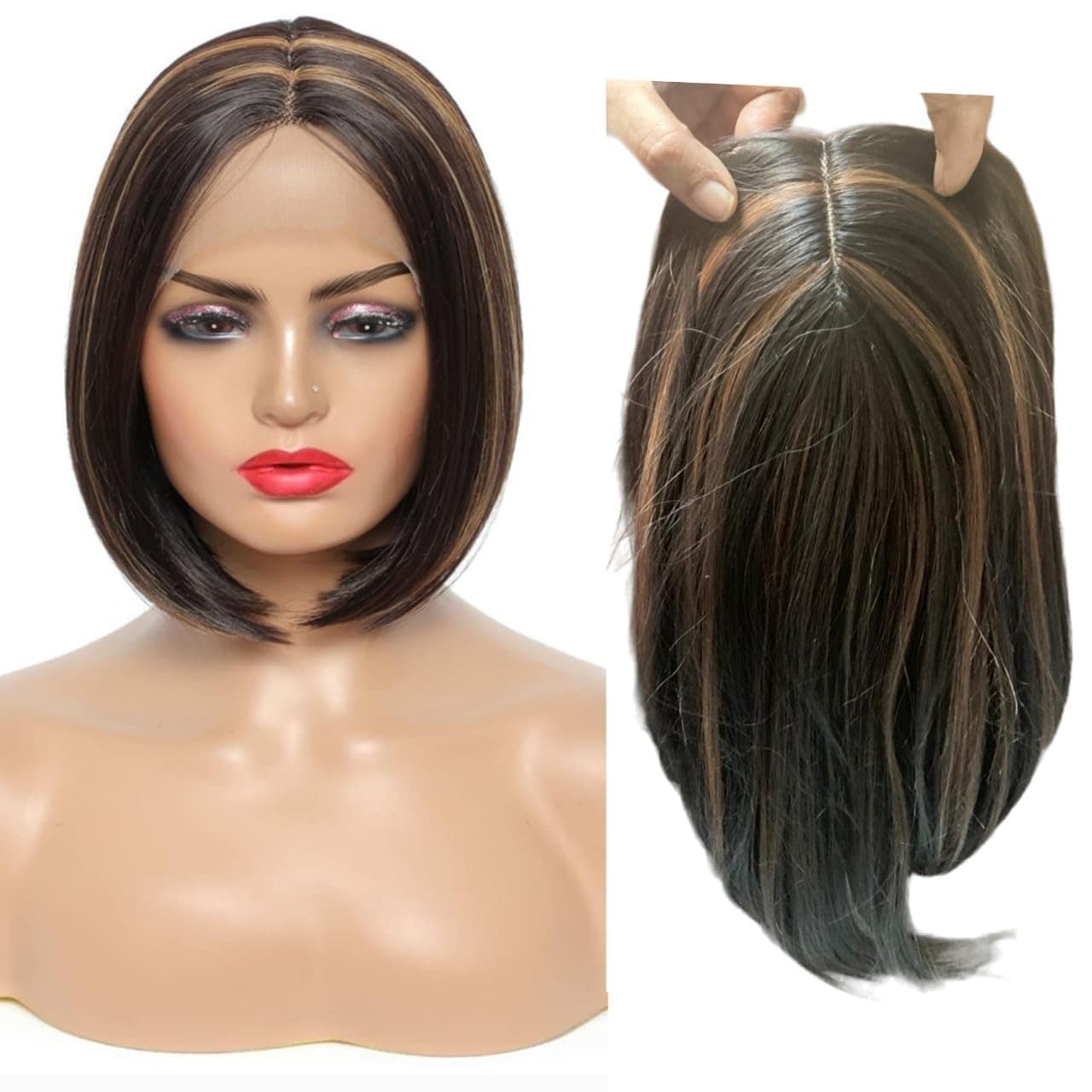 HAIR WALA™ 4 x 4 Inch Silk Base, 4 Clips Hair Toppers Hair Extension for Thinning Hair & Grey/White Hairs for Women,16 Inches Long, Brown with Highlights Color (Multicolor)